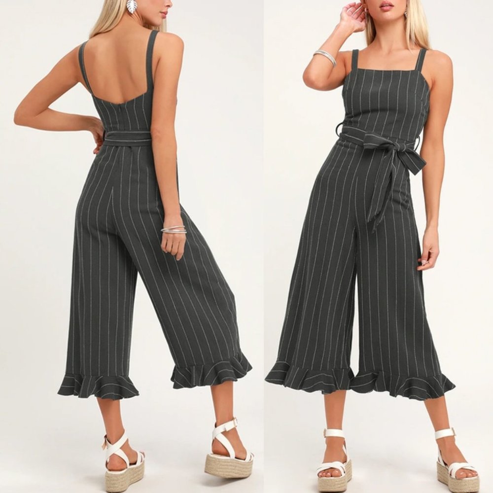 Linen Cotton Striped Wide Leg Ruffle Crop Jumpsuit